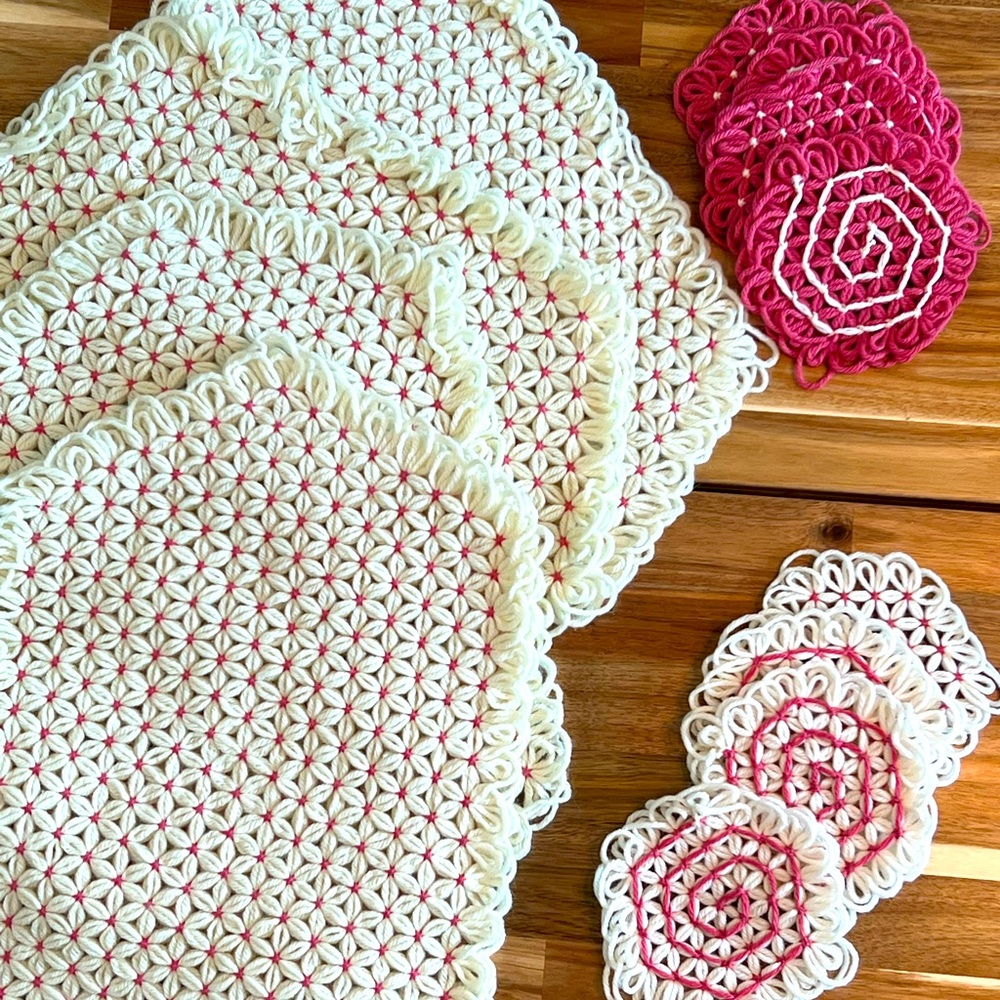 Pink and White Crocheted Placemats and Coasters